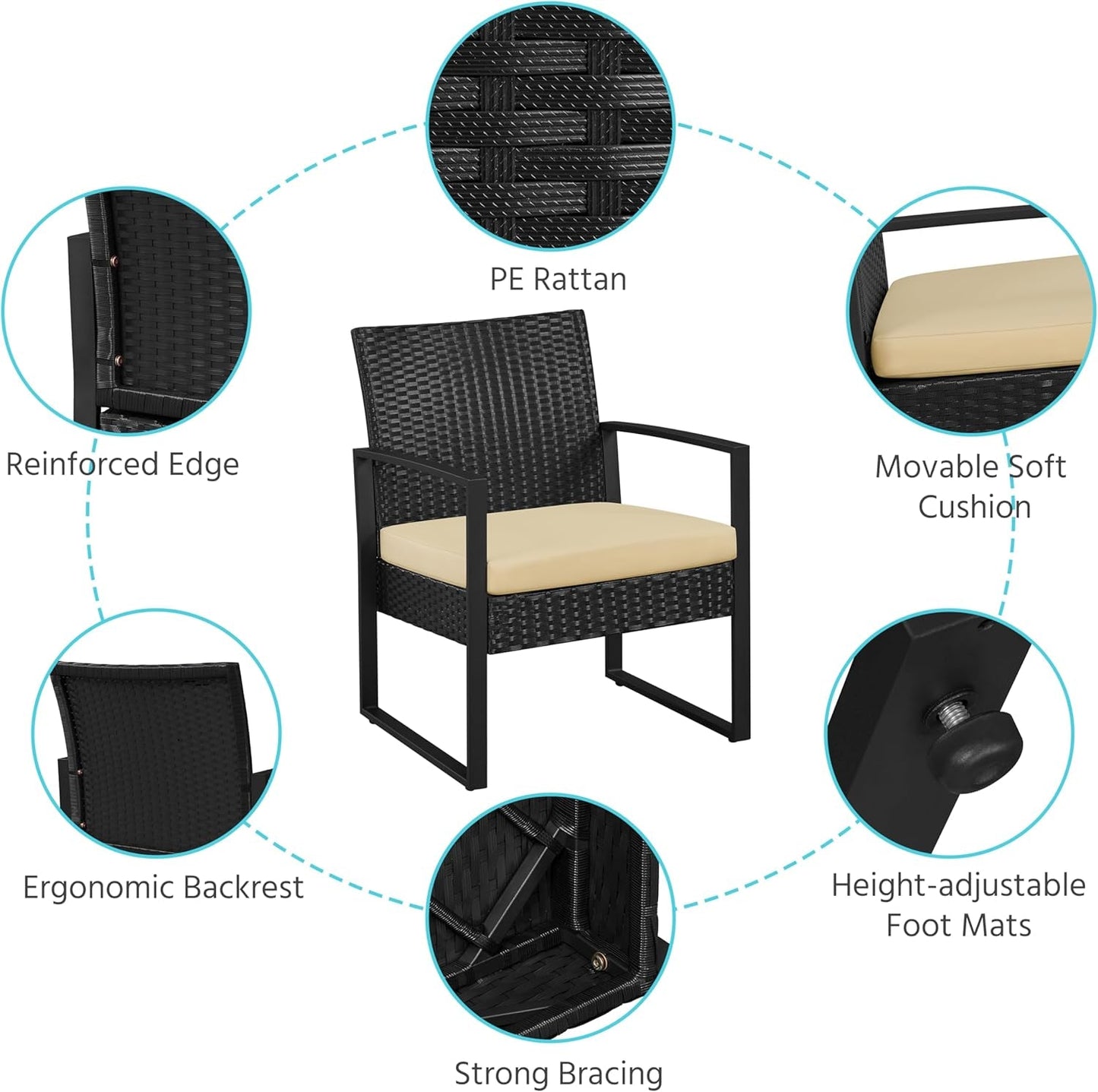 3 Piece Rattan Bistro Set Outdoor Furniture With 2 Chairs And Tempered Glass Coffee Table Black And Khaki-4