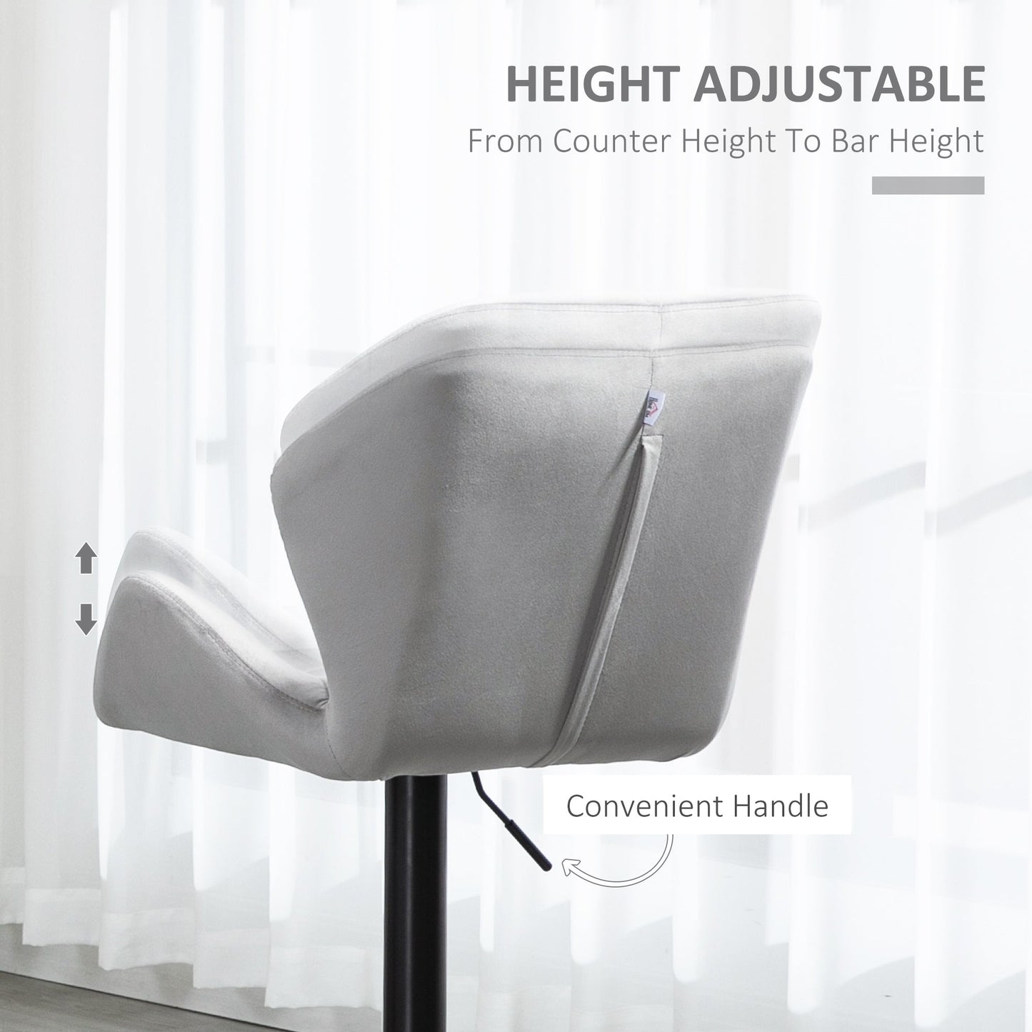 Set of 2 Adjustable Height Velvet Bar Stools with Metal Frame - Grey-4