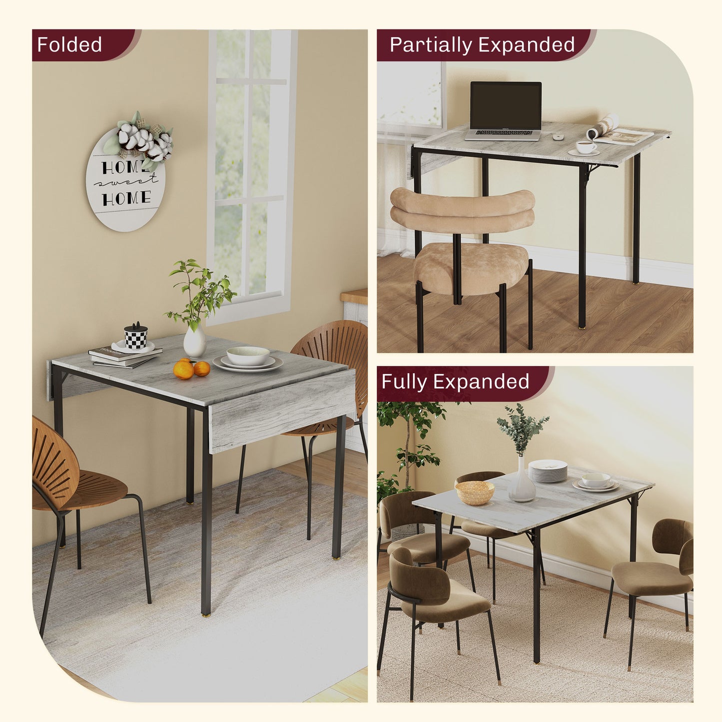 HOMCOM Folding Kitchen Table, Drop Leaf Dining Table, Extendable Kitchen Table for 2-4 People in Grey-2