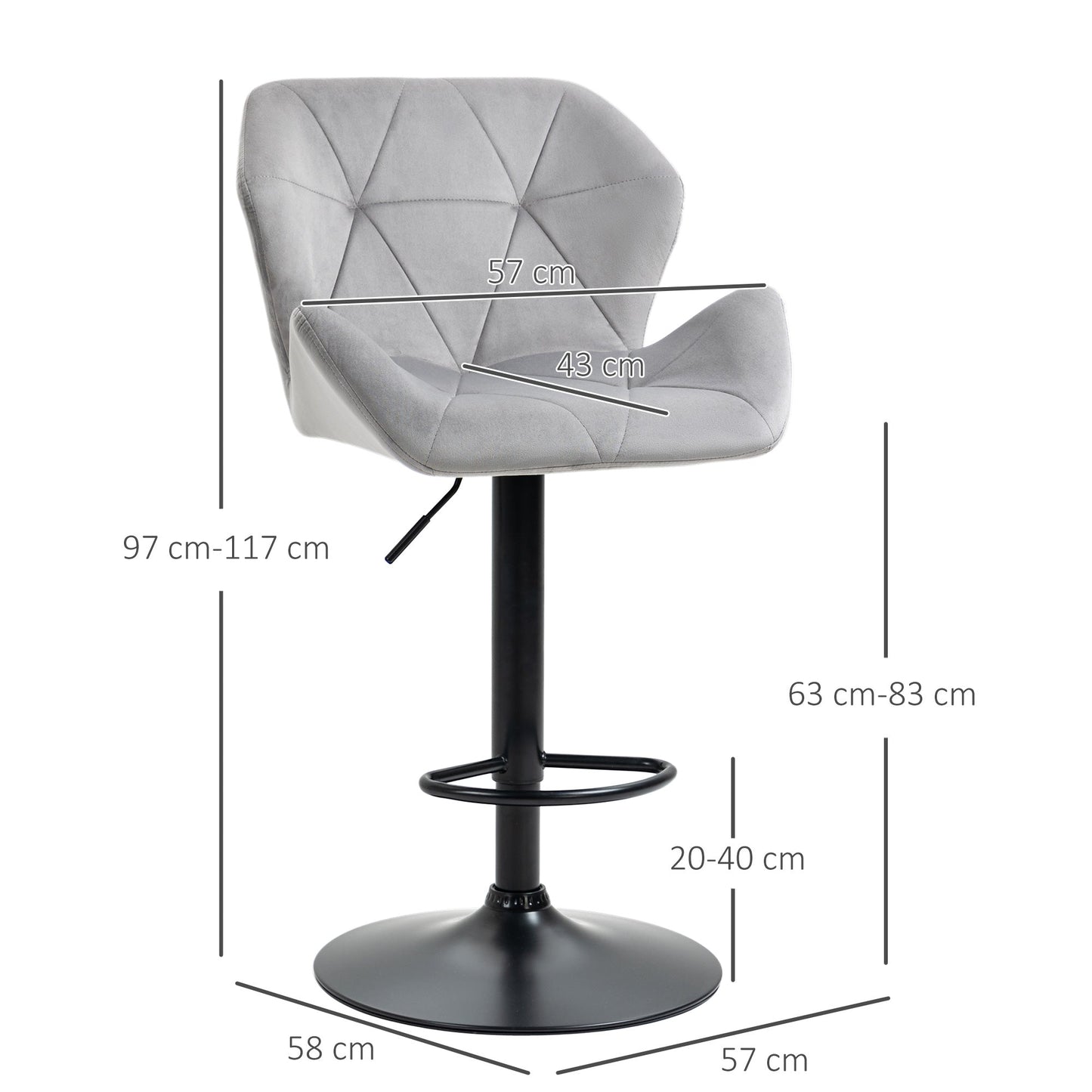 Set of 2 Adjustable Height Velvet Bar Stools with Metal Frame - Grey-2