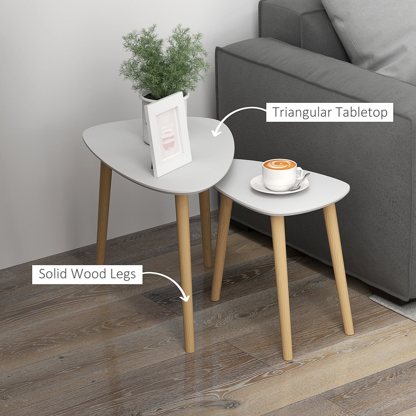 Nesting Coffee Table, Set of 2 Side Tables, Stacking End Tables with Solid Wood Legs, for Living Room Bedroom, Light Grey-4