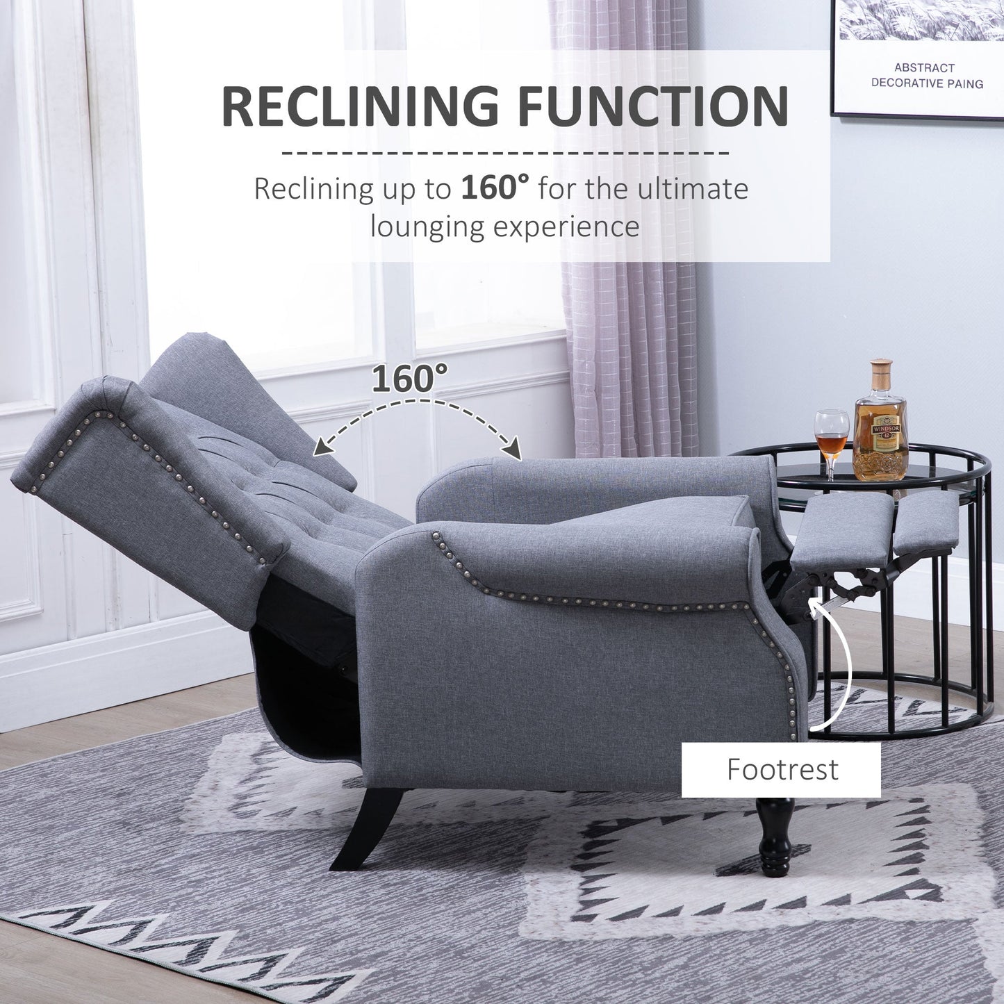 Recliner Armchair for Living Room, Reclining Chair, Wingback Chair with Button Tufted Back and Footrest, Light Grey-3