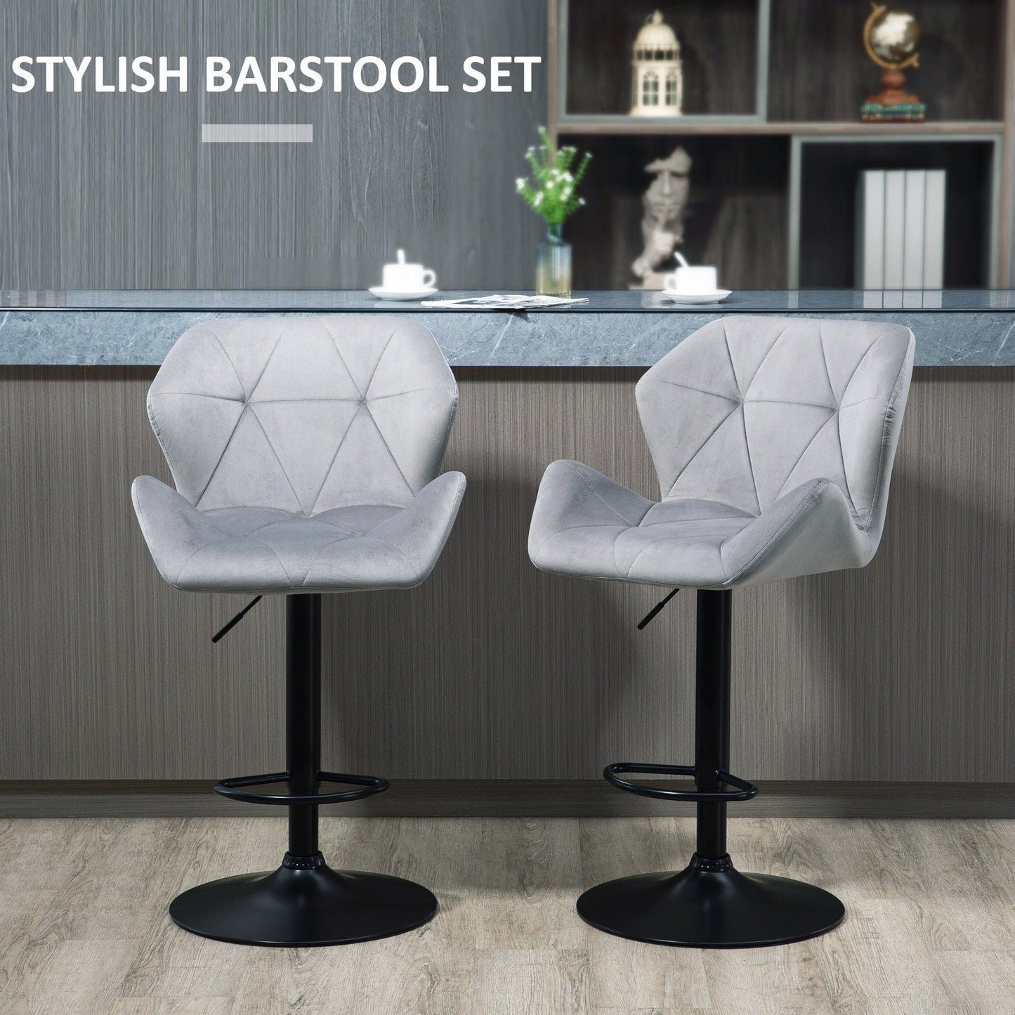 Set of 2 Adjustable Height Velvet Bar Stools with Metal Frame - Grey-3