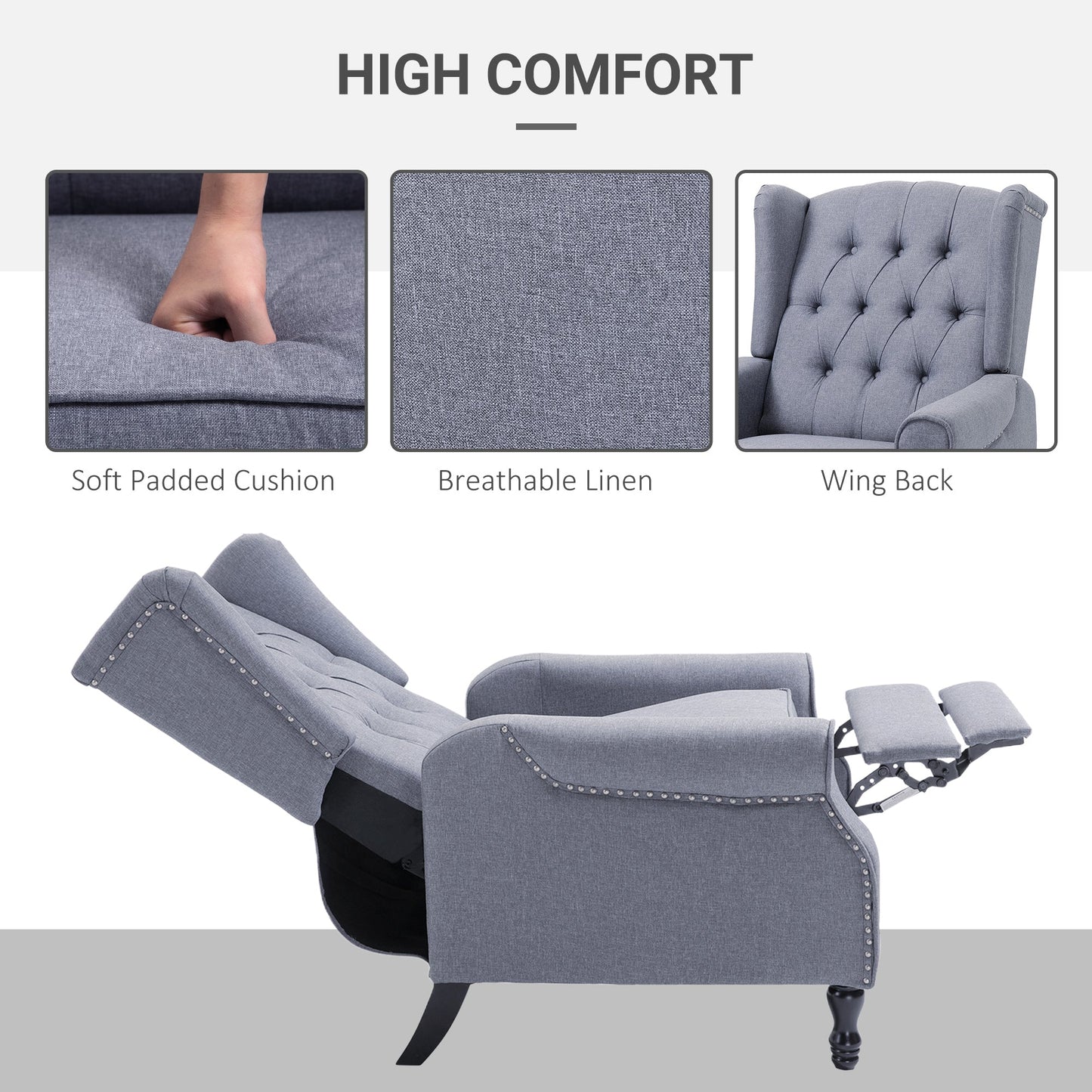 Recliner Armchair for Living Room, Reclining Chair, Wingback Chair with Button Tufted Back and Footrest, Light Grey-4