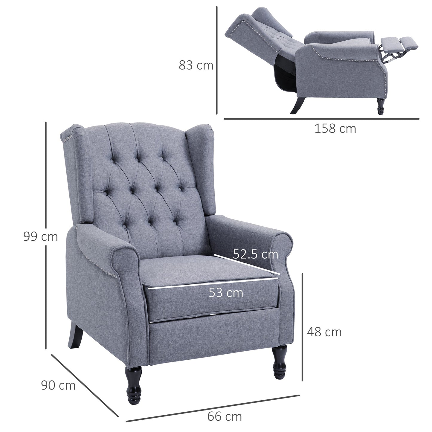 Recliner Armchair for Living Room, Reclining Chair, Wingback Chair with Button Tufted Back and Footrest, Light Grey-2