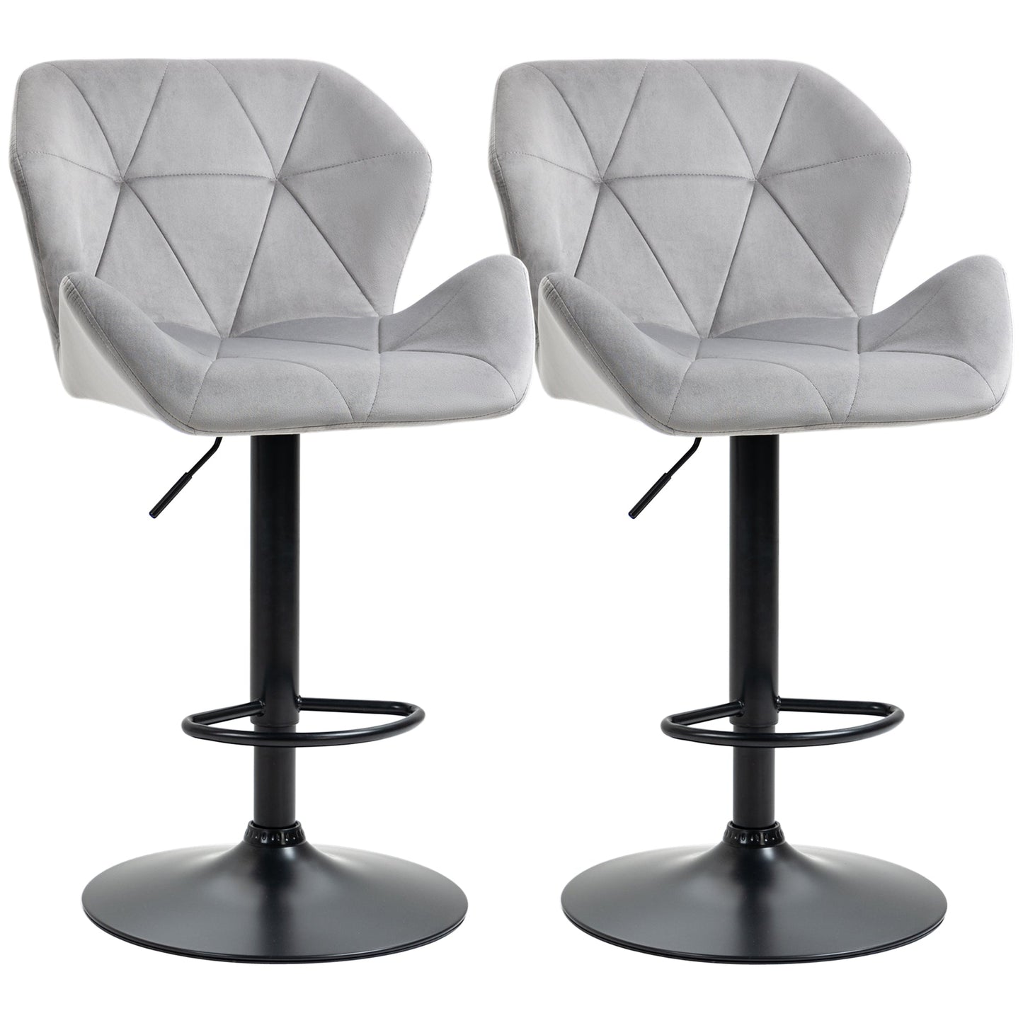 Set of 2 Adjustable Height Velvet Bar Stools with Metal Frame - Grey-0
