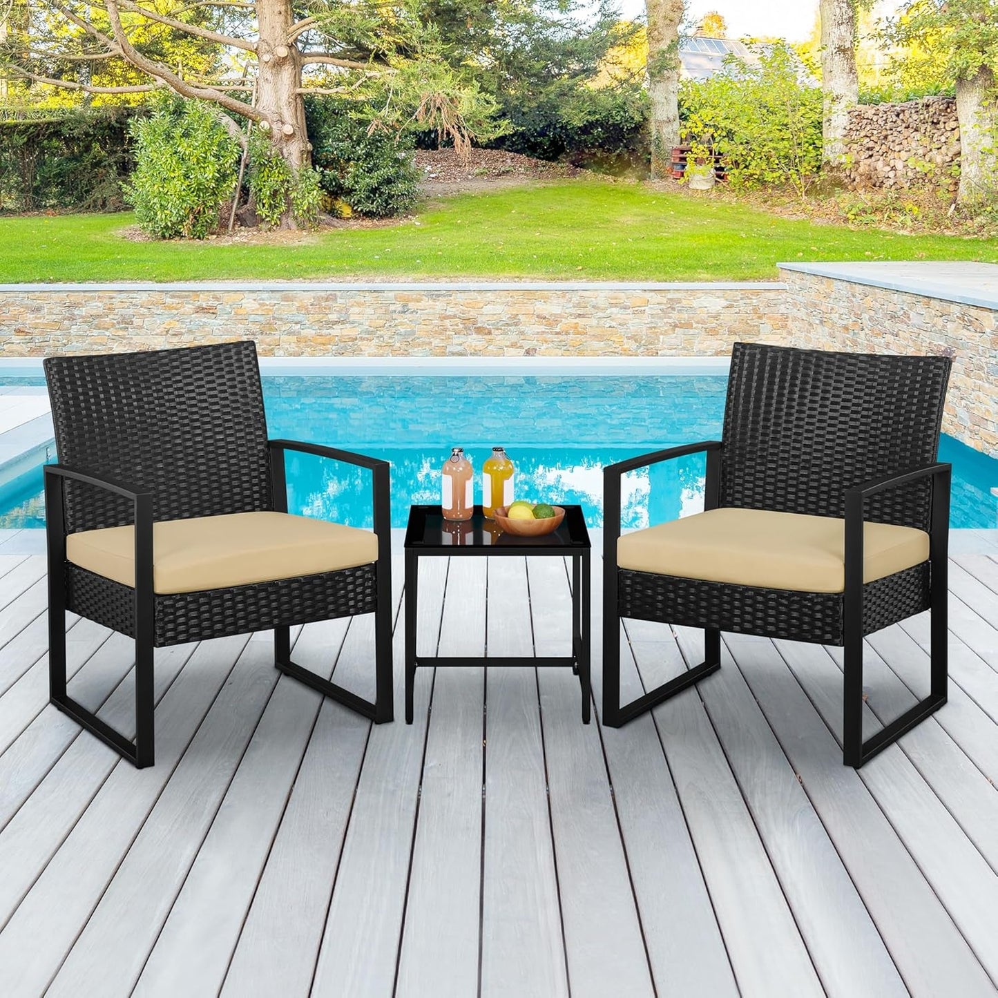 3 Piece Rattan Bistro Set Outdoor Furniture With 2 Chairs And Tempered Glass Coffee Table Black And Khaki-2