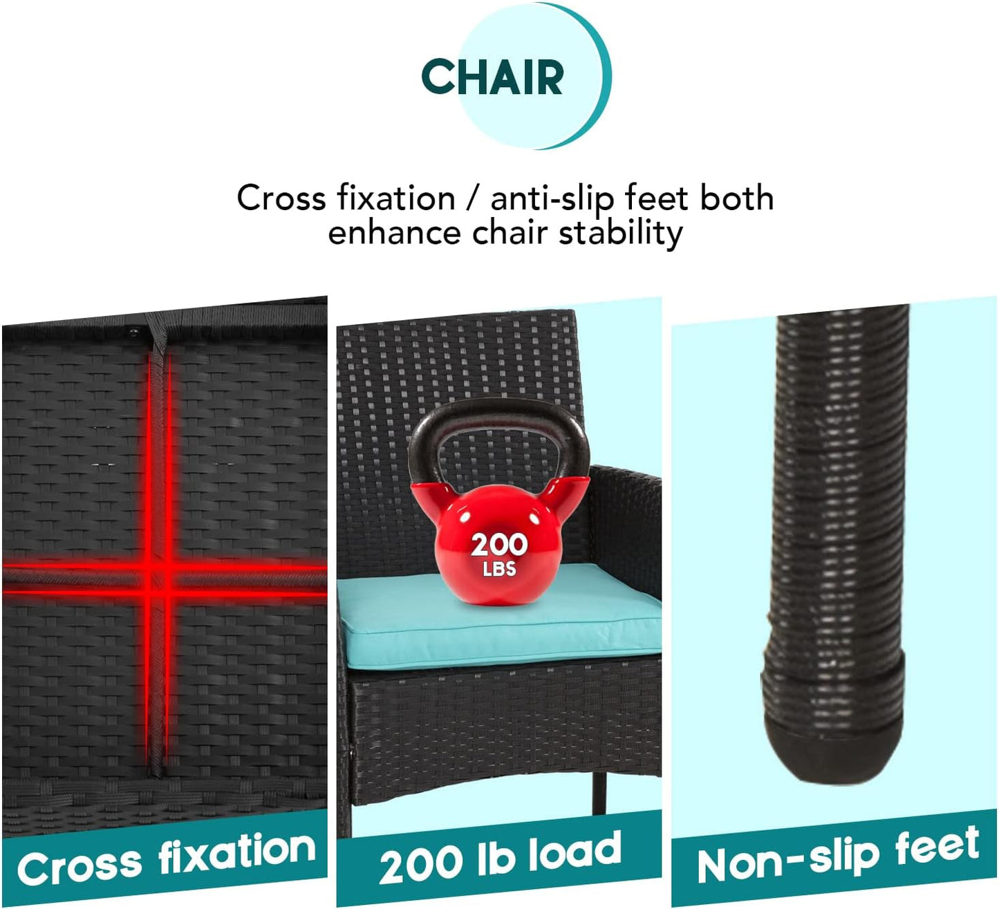 3 Piece Outdoor Patio Furniture Set With 2 Rattan Chairs And Blue Cushions For Porch And Garden-3