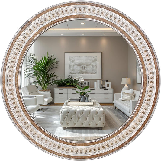 Round Bathroom Mirror Wall Mirrors - 24 Inches Wooden Circle Mirror Rustic Farmhouse Mirror Boho Accent Mirror for Entryway Chic Decorative Mirrors for Bedroom, Living Room, Entryway-0