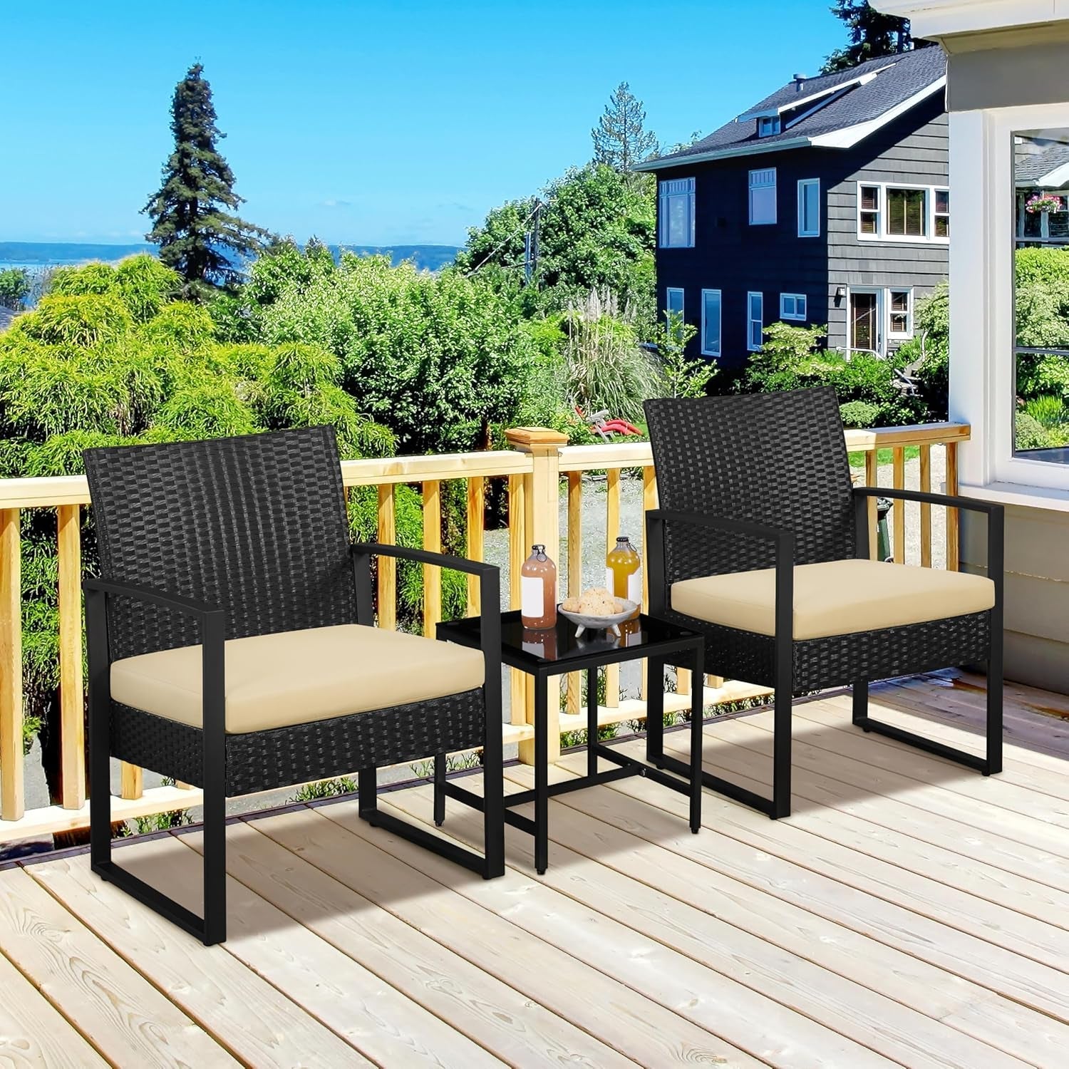 3 Piece Rattan Bistro Set Outdoor Furniture With 2 Chairs And Tempered Glass Coffee Table Black And Khaki-1