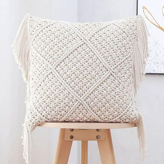 Handmade Macrame Cushion Cover | Cotton Cushion Cover with Fringes | 40x40cm | Boho Decor-0
