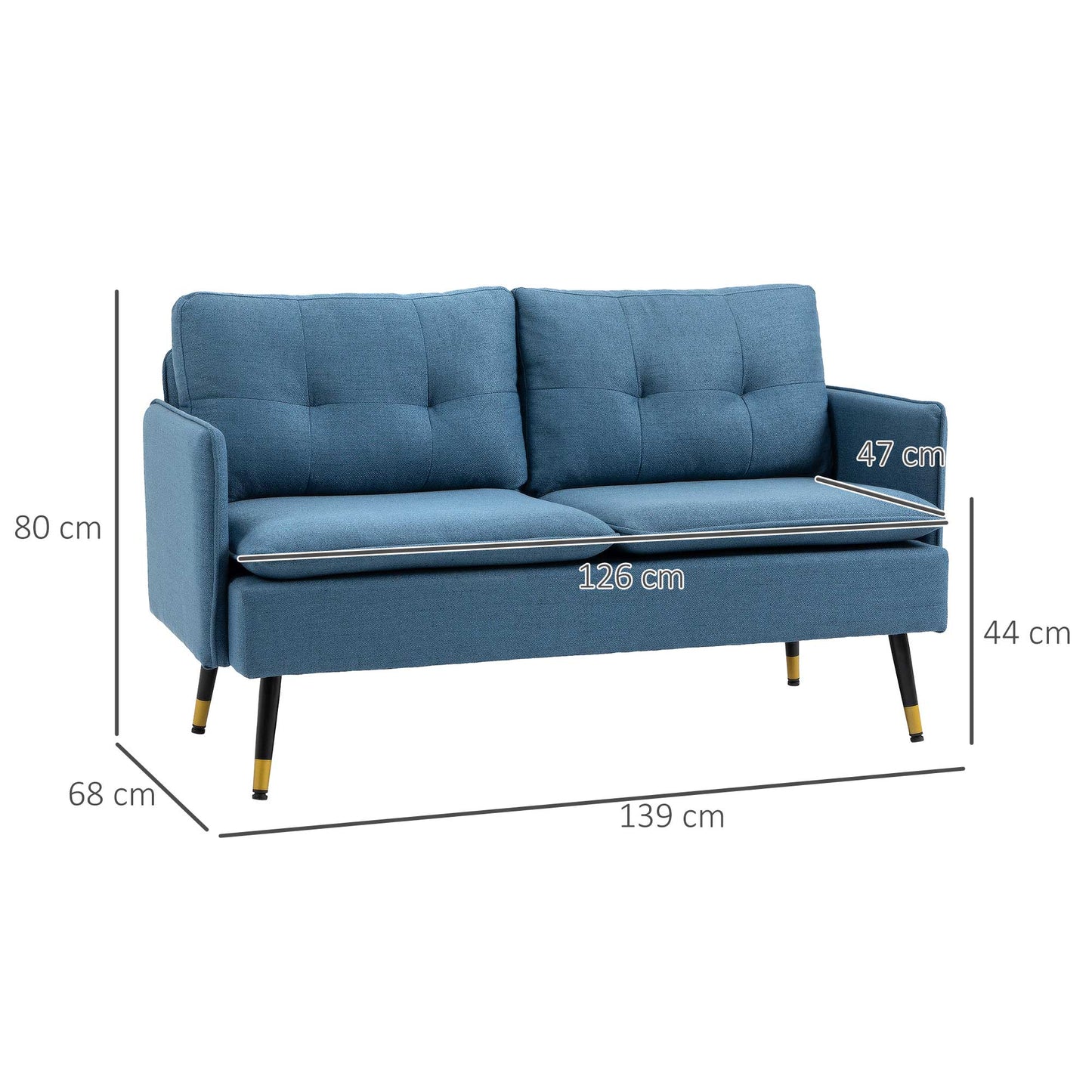 2 Seater Sofas for Living Room, Fabric Couch, Button Tufted Love Seat with Cushions, Dark Blue-2