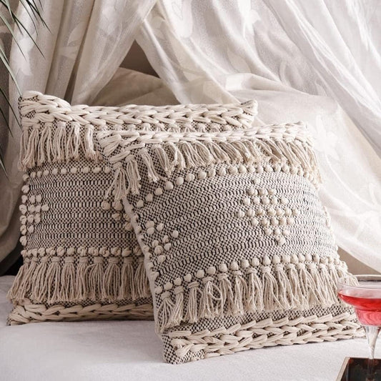Textured Woven Cushion Cover with Fringes | Boho Cushion Cover | 40x40cm | Cotton Cushion Cover-0