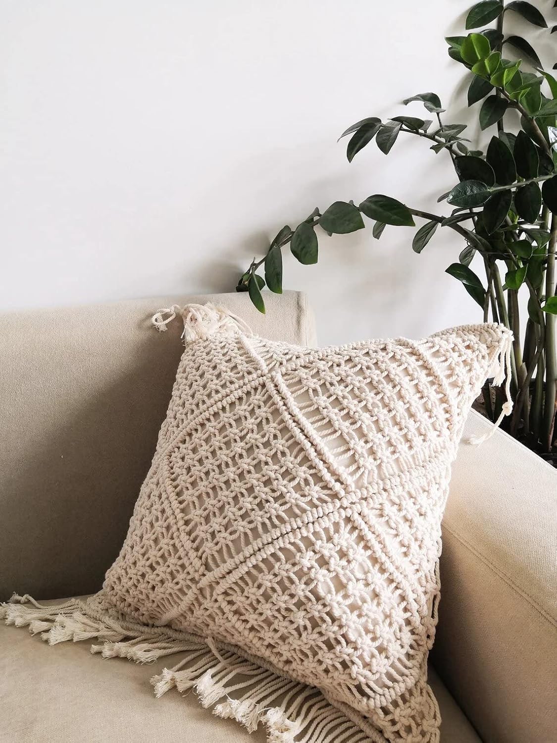 Handmade Macrame Cushion Cover | Cotton Cushion Cover with Fringes | 40x40cm | Boho Decor-1