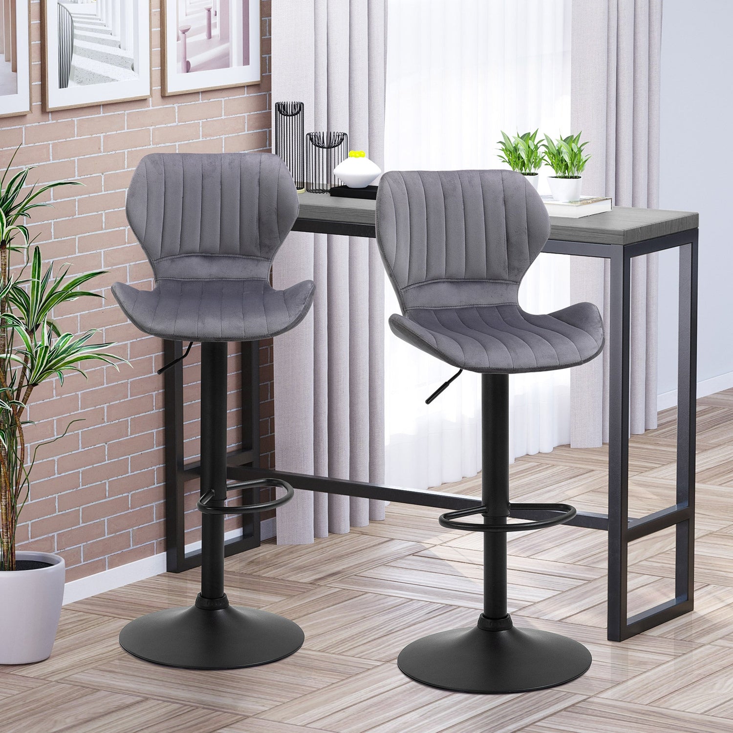 Bar Stool Set of 2 Velvet-Touch Fabric Adjustable Height Swivel Counter Chairs with Footrest, Grey-0