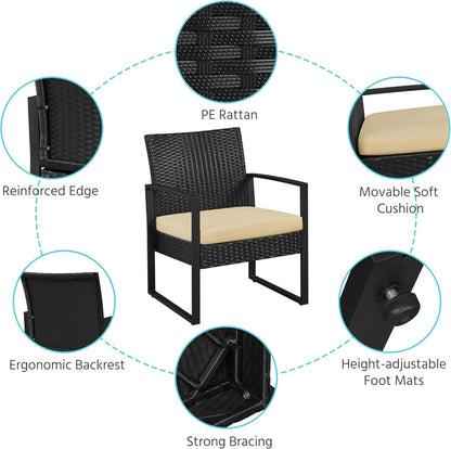 3 Piece Rattan Bistro Set Outdoor Furniture With 2 Chairs And Tempered Glass Coffee Table Black And Khaki-4