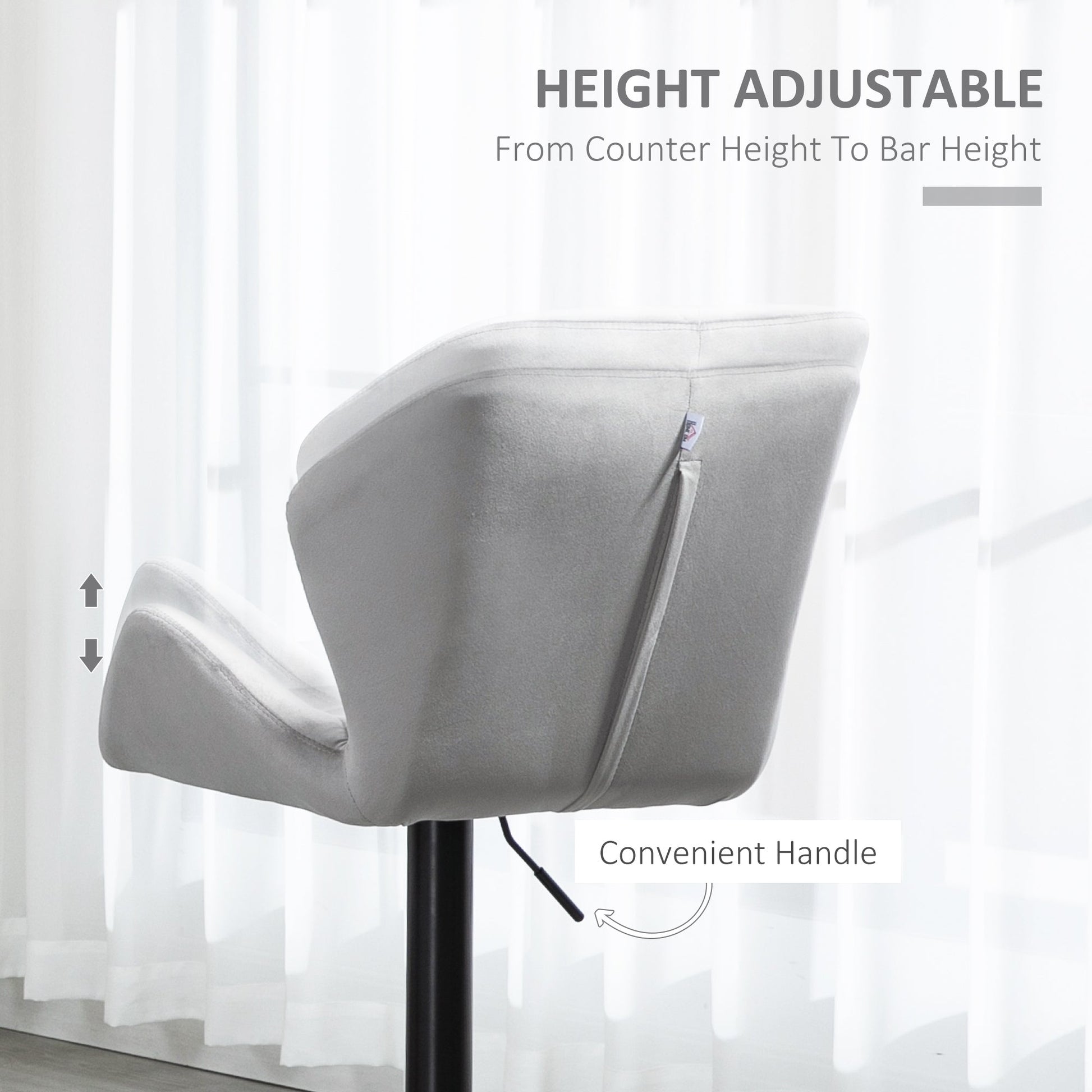 Set of 2 Adjustable Height Velvet Bar Stools with Metal Frame - Grey-4