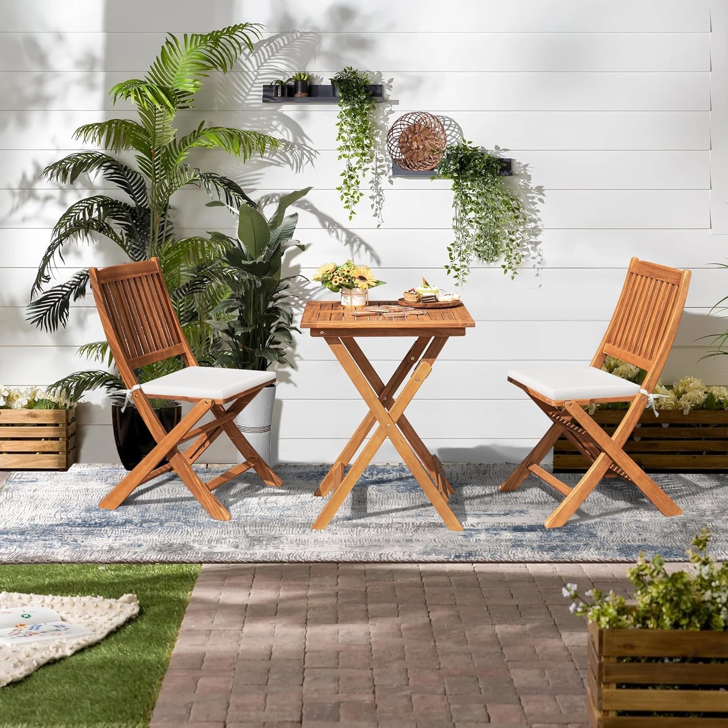 Acacia Wood Outdoor Folding Patio Bistro Set 3 Piece Table And Chairs-2