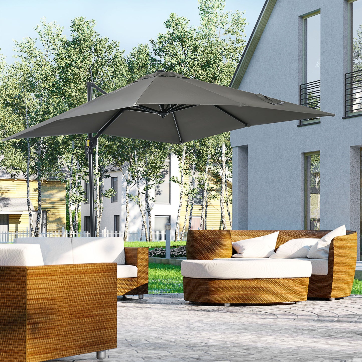 2.5 x 2.5m Cantilever Patio Parasol with Crank Handle and Cross Base - Grey-1