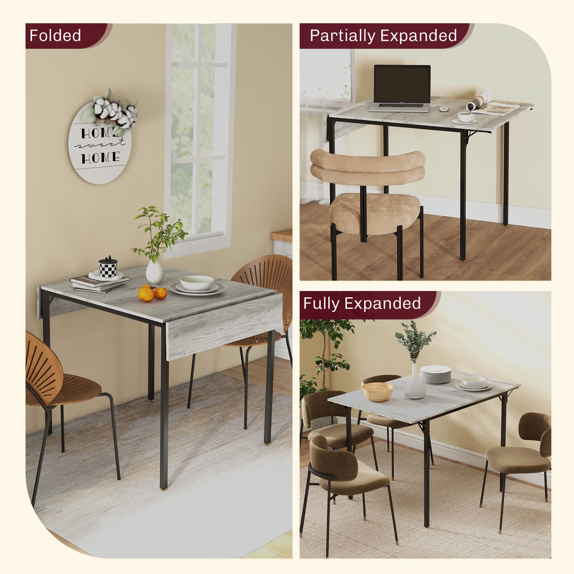 HOMCOM Folding Kitchen Table, Drop Leaf Dining Table, Extendable Kitchen Table for 2-4 People in Grey-2