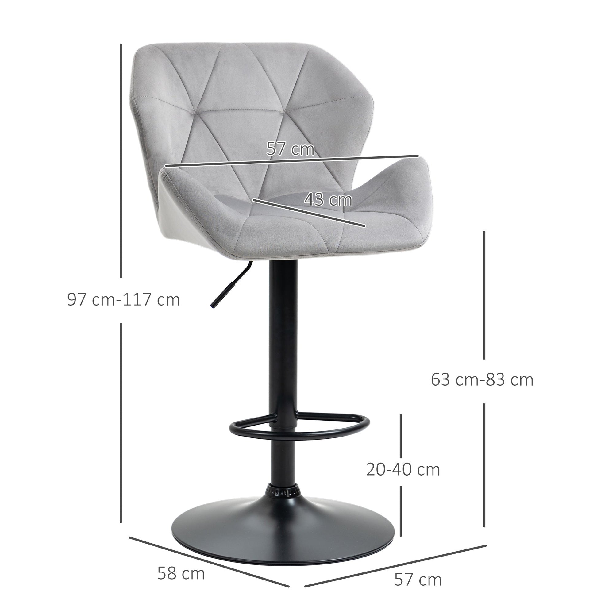 Set of 2 Adjustable Height Velvet Bar Stools with Metal Frame - Grey-2