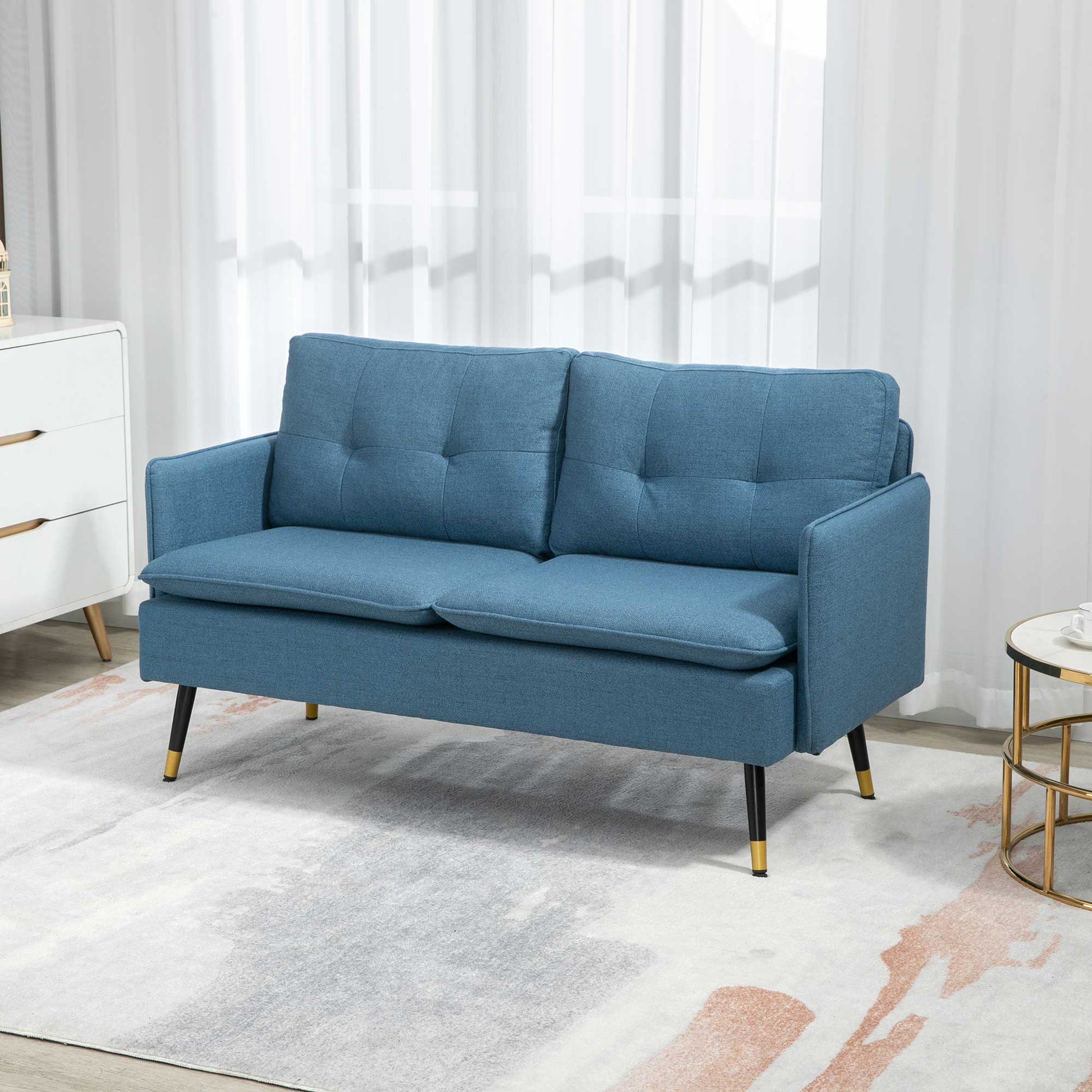 2 Seater Sofas for Living Room, Fabric Couch, Button Tufted Love Seat with Cushions, Dark Blue-1