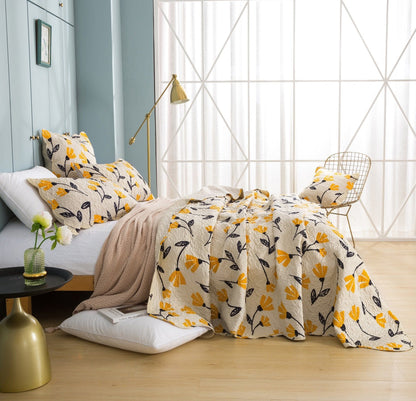 DaDa Bedding Yellow Fleur Floral Golden Orange Ivory Cream Scalloped Bedspread Set (18112)-1