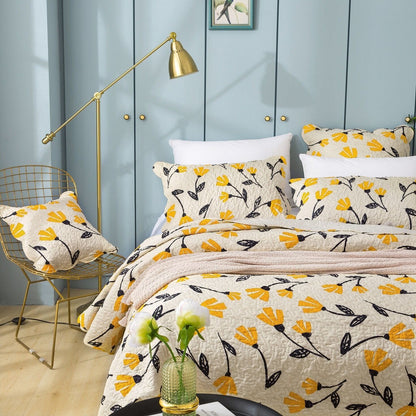 DaDa Bedding Yellow Fleur Floral Golden Orange Ivory Cream Scalloped Bedspread Set (18112)-2