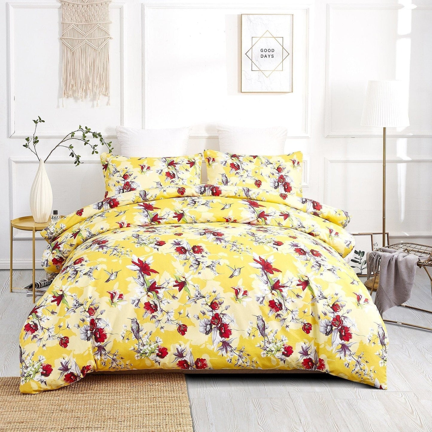 DaDa Bedding Sunshine Yellow Hummingbirds Floral Duvet Cover Set w/ Pillow Cases (JHW-925)-0