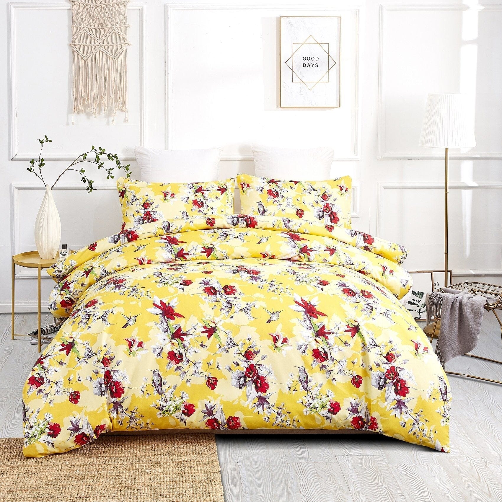 DaDa Bedding Sunshine Yellow Hummingbirds Floral Duvet Cover Set w/ Pillow Cases (JHW-925)-0