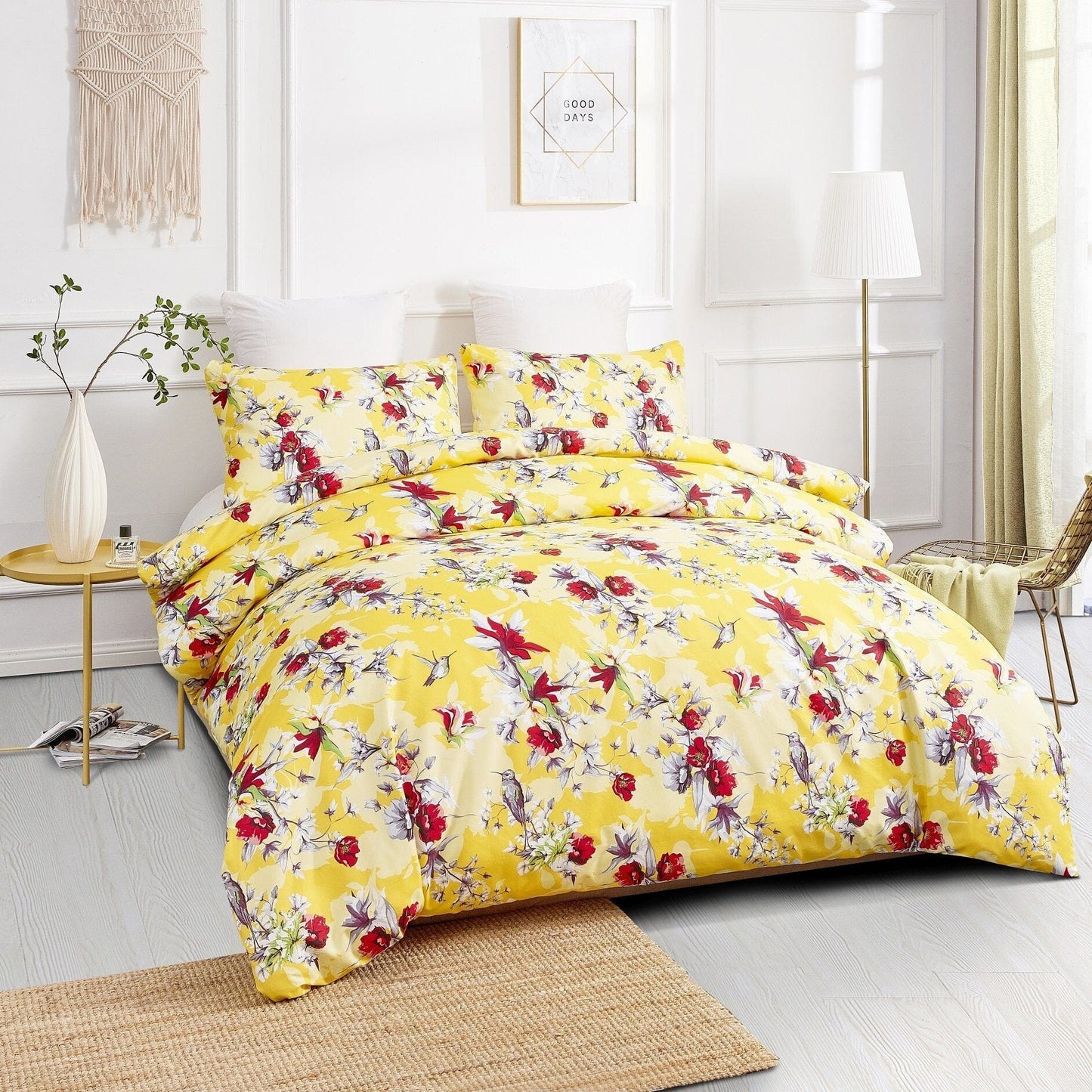 DaDa Bedding Sunshine Yellow Hummingbirds Floral Duvet Cover Set w/ Pillow Cases (JHW-925)-1