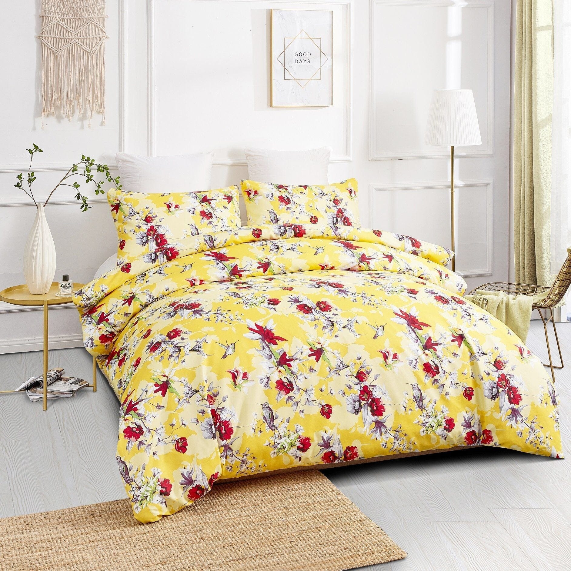 DaDa Bedding Sunshine Yellow Hummingbirds Floral Duvet Cover Set w/ Pillow Cases (JHW-925)-1