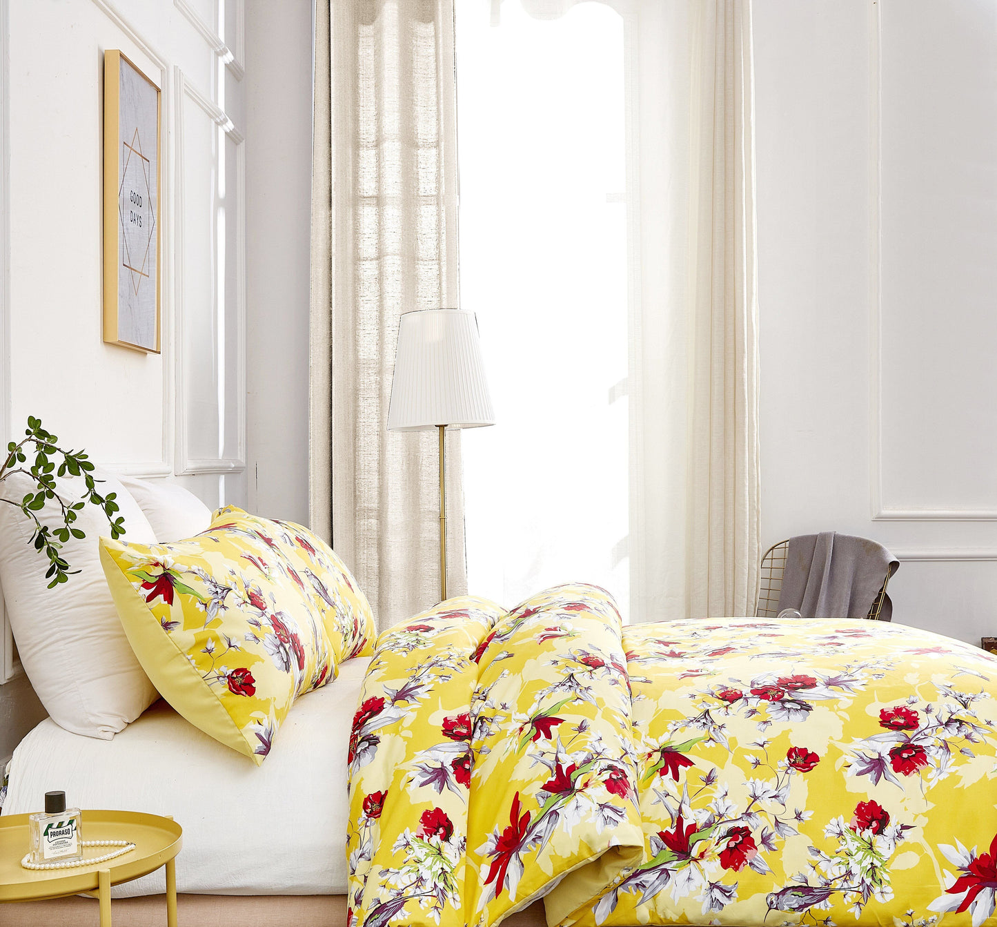 DaDa Bedding Sunshine Yellow Hummingbirds Floral Duvet Cover Set w/ Pillow Cases (JHW-925)-2