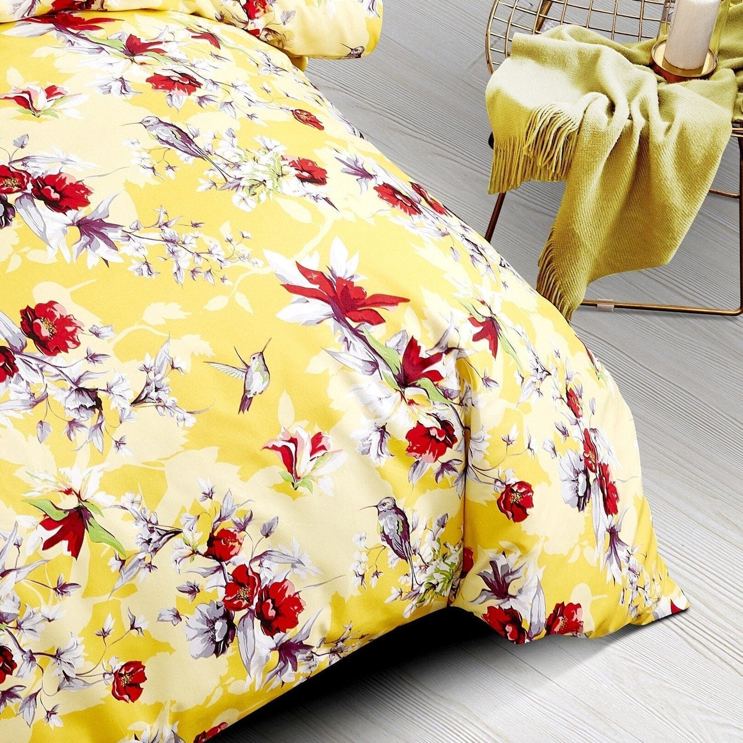 DaDa Bedding Sunshine Yellow Hummingbirds Floral Duvet Cover Set w/ Pillow Cases (JHW-925)-3