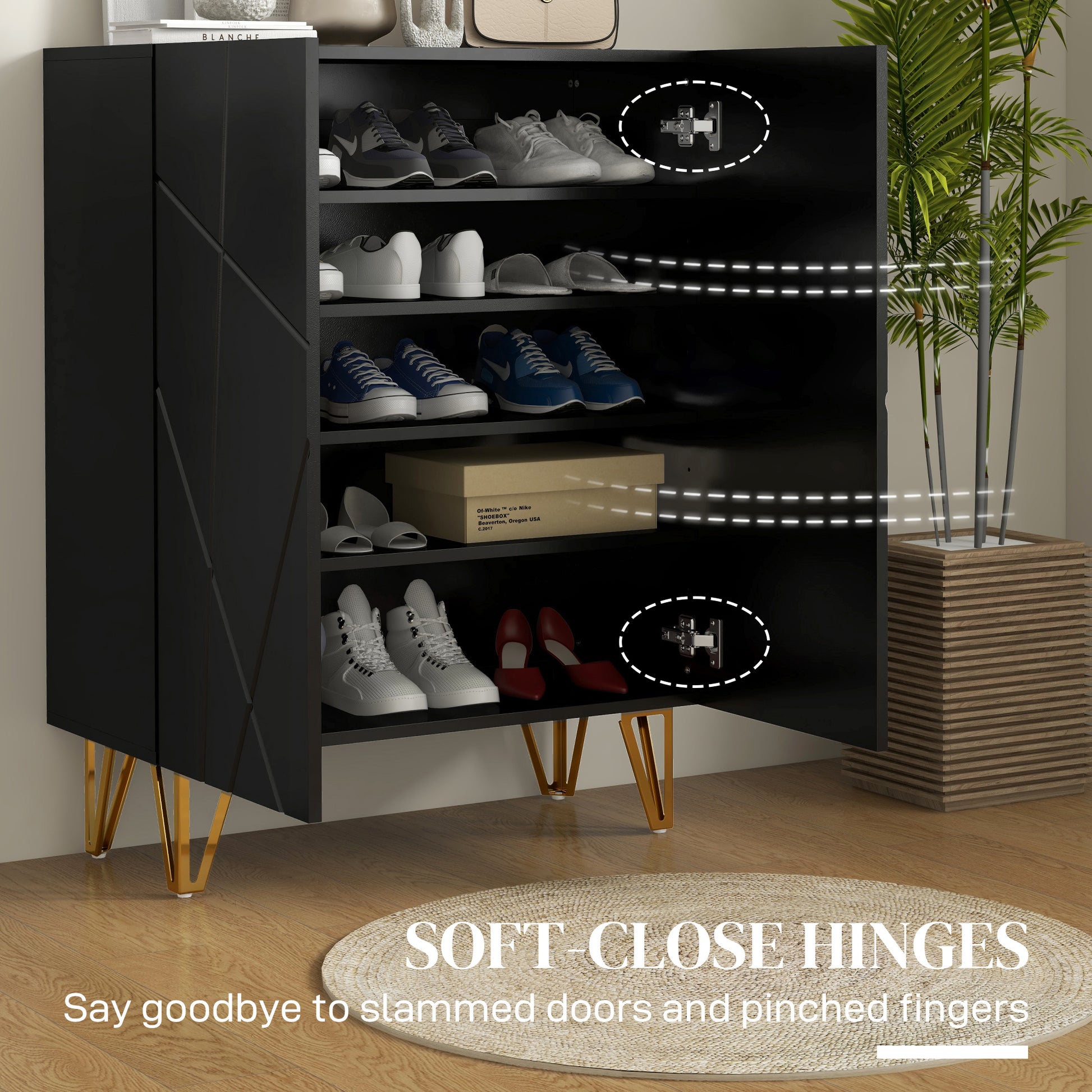 Narrow Shoe Storage Cabinet with Soft-Close Hinges and Adjustable Shelves for 15-20 Pairs of Shoes, Black | HOMCOM-3