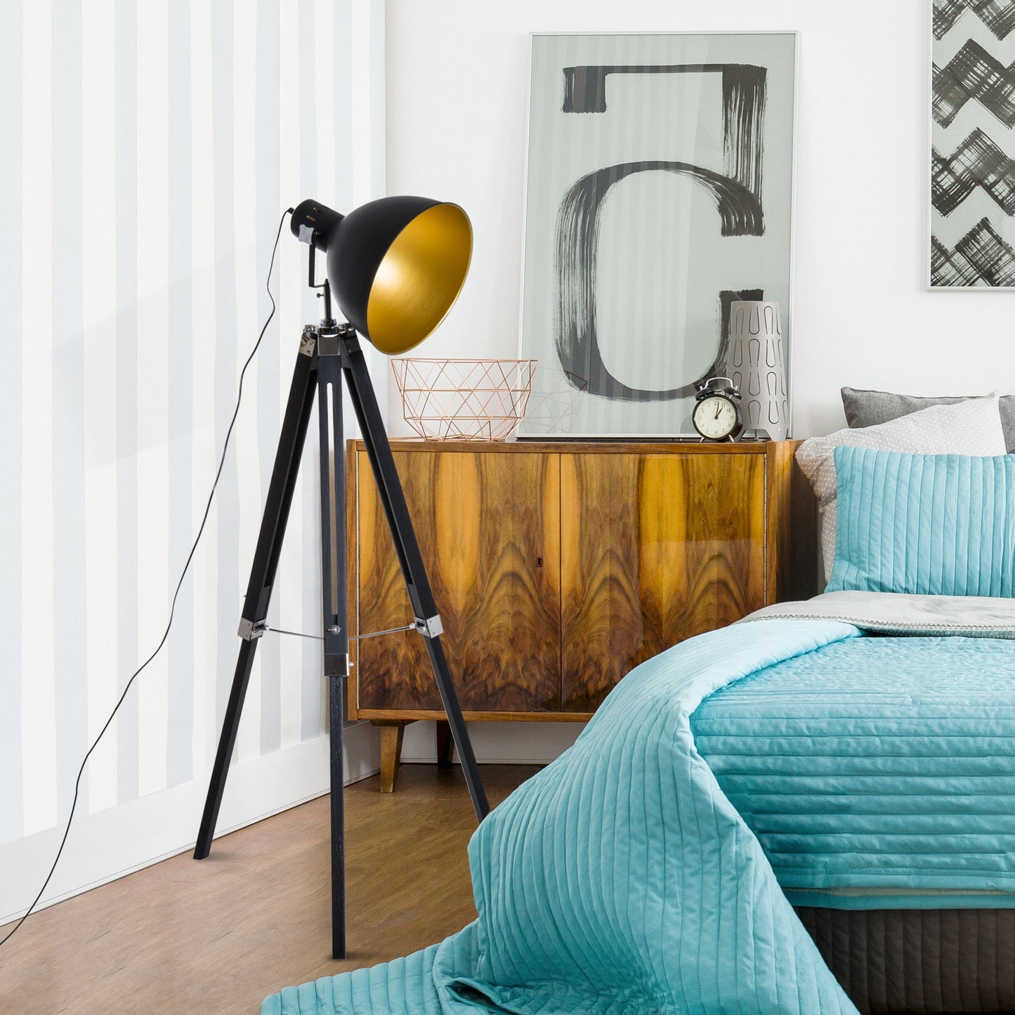 Studio Floor Lamp,Tripod Spotlight Lamp with Wood Legs, Ø 30 cm Lampshade and Max. 40W, 152cm Floor Lamp, Metal, Black and Gold-1