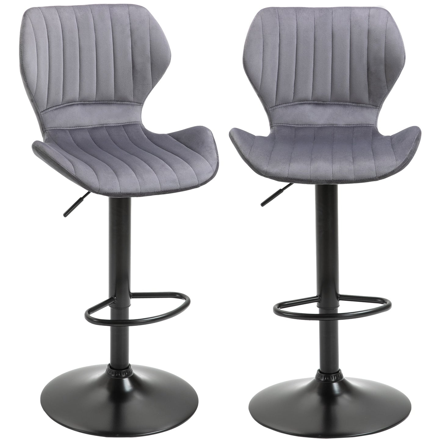 Bar Stool Set of 2 Velvet-Touch Fabric Adjustable Height Swivel Counter Chairs with Footrest, Grey-1