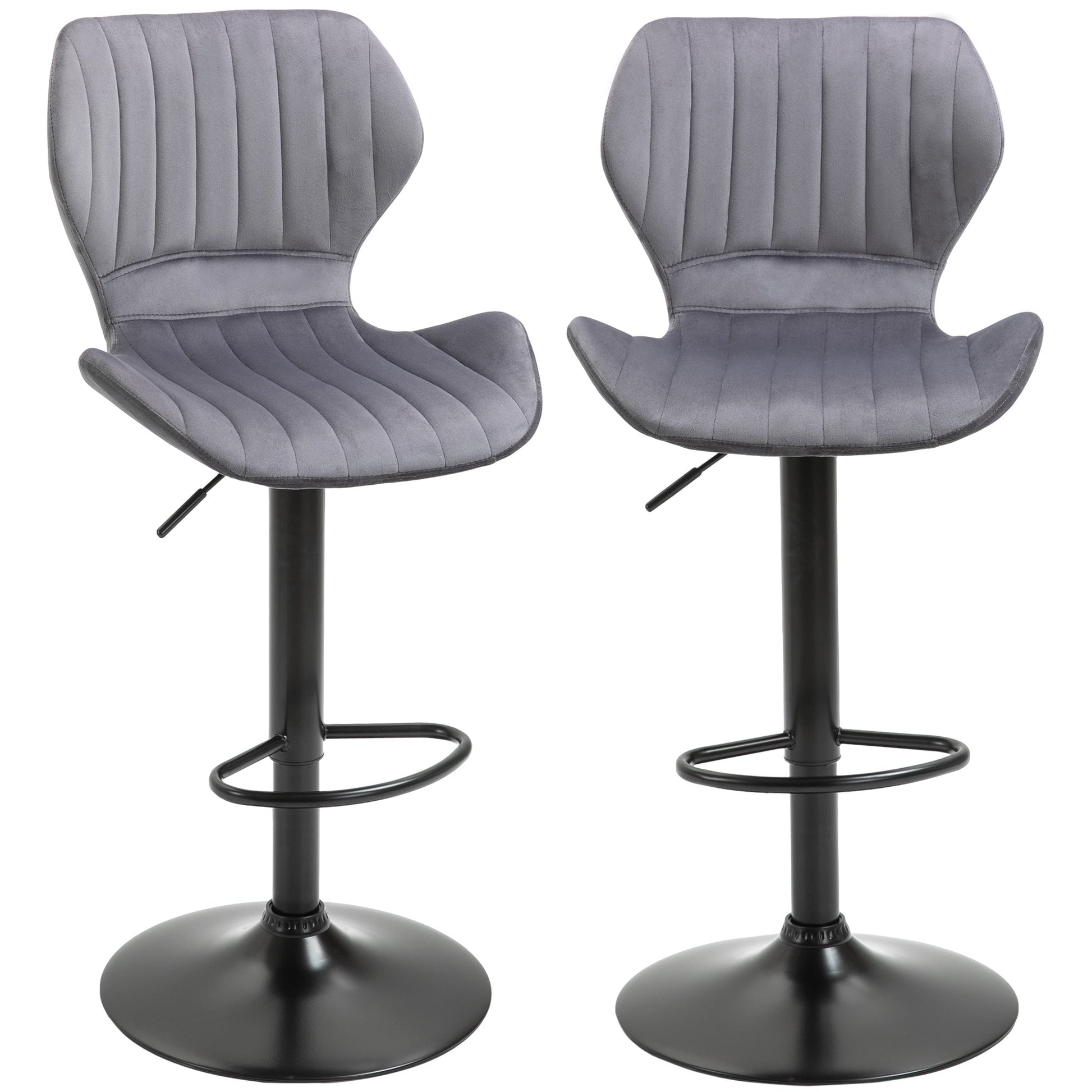 Bar Stool Set of 2 Velvet-Touch Fabric Adjustable Height Swivel Counter Chairs with Footrest, Grey-1