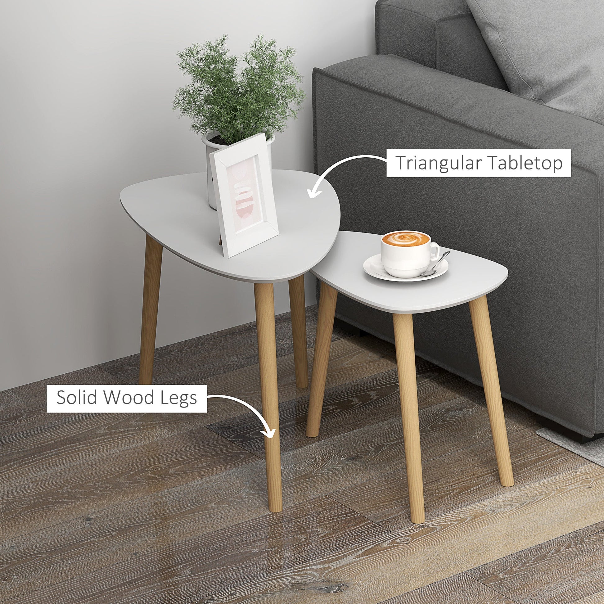 Nesting Coffee Table, Set of 2 Side Tables, Stacking End Tables with Solid Wood Legs, for Living Room Bedroom, Light Grey-4