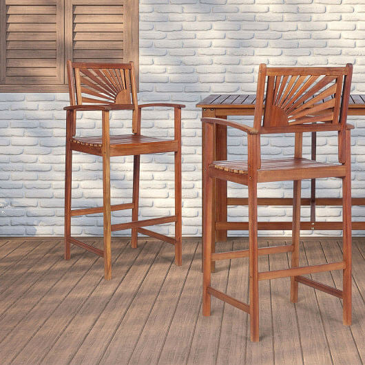 2 Pieces Outdoor Acacia Wood Bar Chairs with Sunflower Backrest and Armrests-1