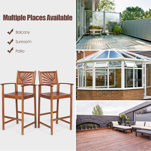 2 Pieces Outdoor Acacia Wood Bar Chairs with Sunflower Backrest and Armrests-3