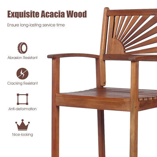 2 Pieces Outdoor Acacia Wood Bar Chairs with Sunflower Backrest and Armrests-2