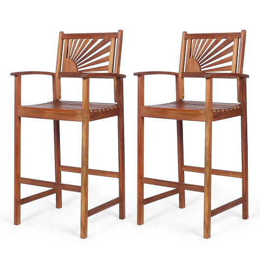 2 Pieces Outdoor Acacia Wood Bar Chairs with Sunflower Backrest and Armrests-0