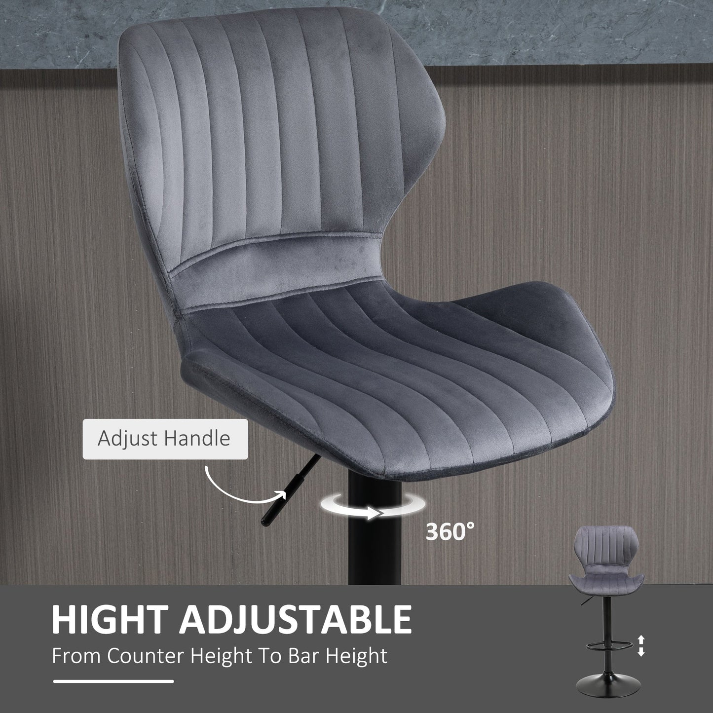 Bar Stool Set of 2 Velvet-Touch Fabric Adjustable Height Swivel Counter Chairs with Footrest, Grey-4