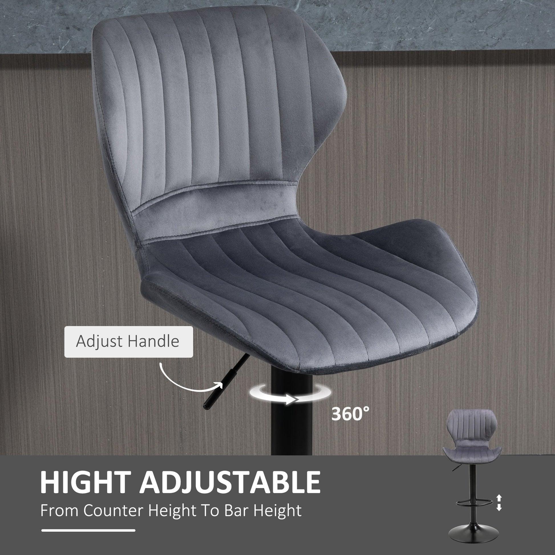 Bar Stool Set of 2 Velvet-Touch Fabric Adjustable Height Swivel Counter Chairs with Footrest, Grey-4
