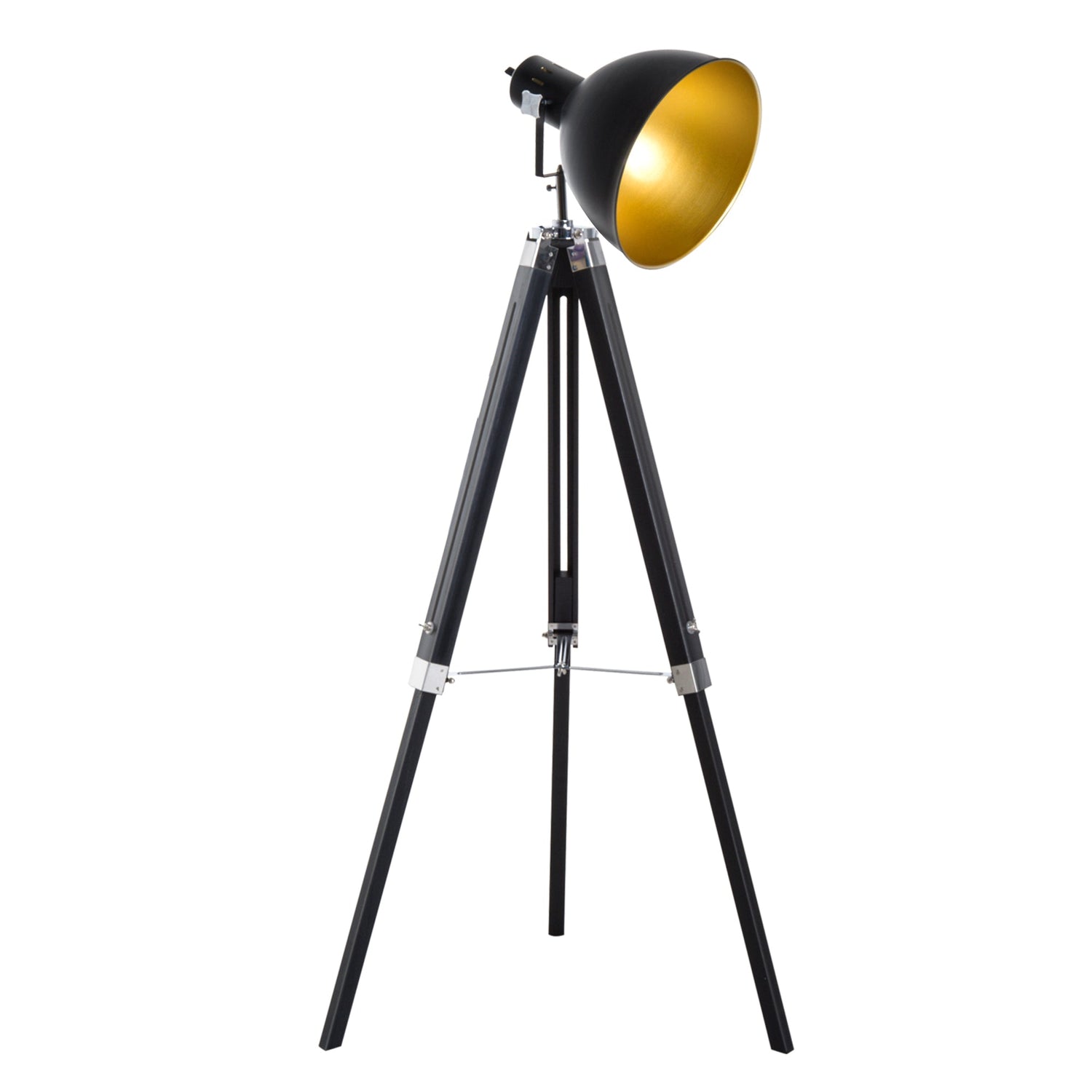 Studio Floor Lamp,Tripod Spotlight Lamp with Wood Legs, Ø 30 cm Lampshade and Max. 40W, 152cm Floor Lamp, Metal, Black and Gold-0