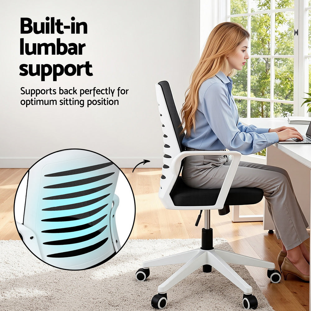 Artiss Ergonomic Office Chair Mesh Computer Desk Chairs with Lumbar Support, Height Adjustment Swivel Chair Mid Back for Home Office Study, Black and White-4