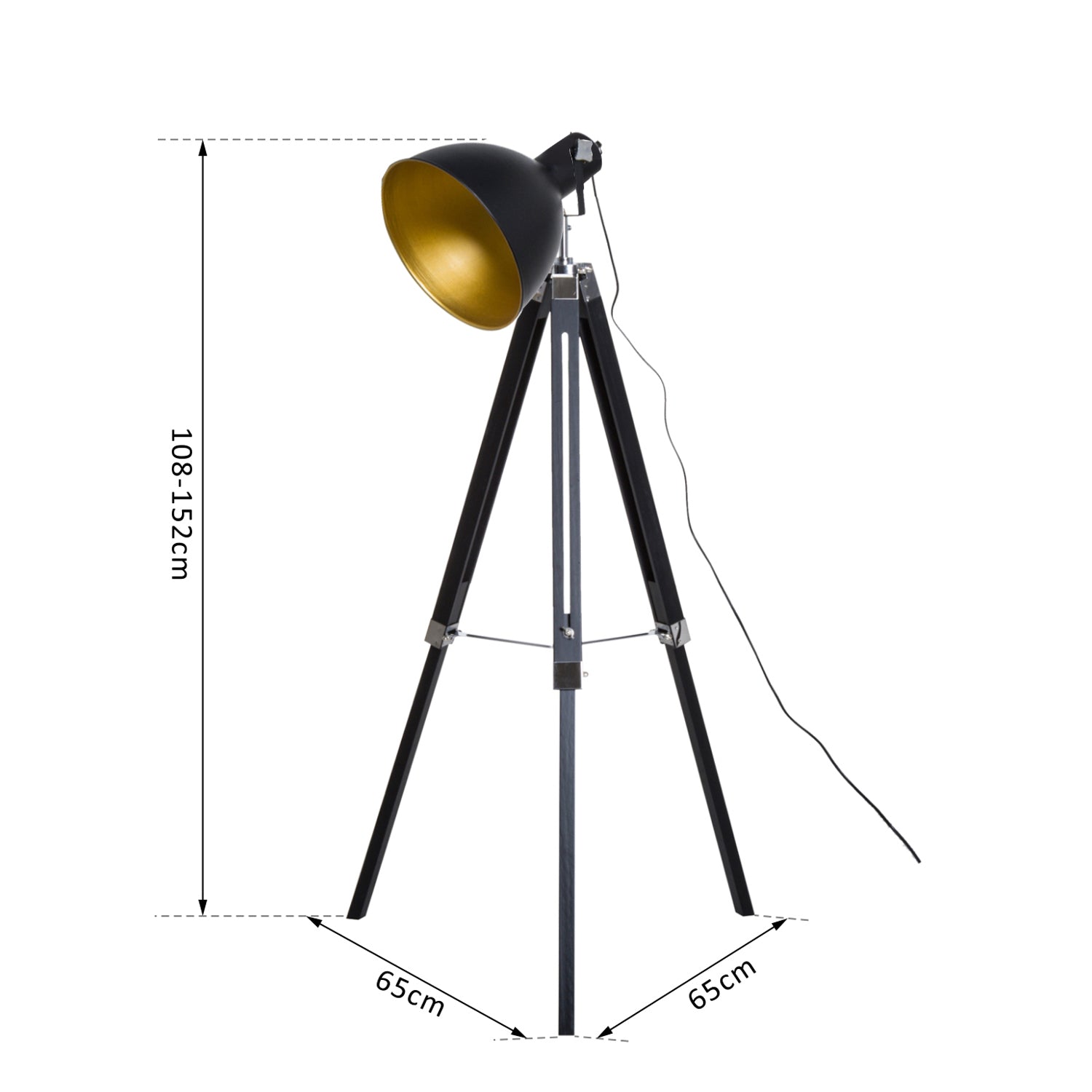 Studio Floor Lamp,Tripod Spotlight Lamp with Wood Legs, Ø 30 cm Lampshade and Max. 40W, 152cm Floor Lamp, Metal, Black and Gold-2