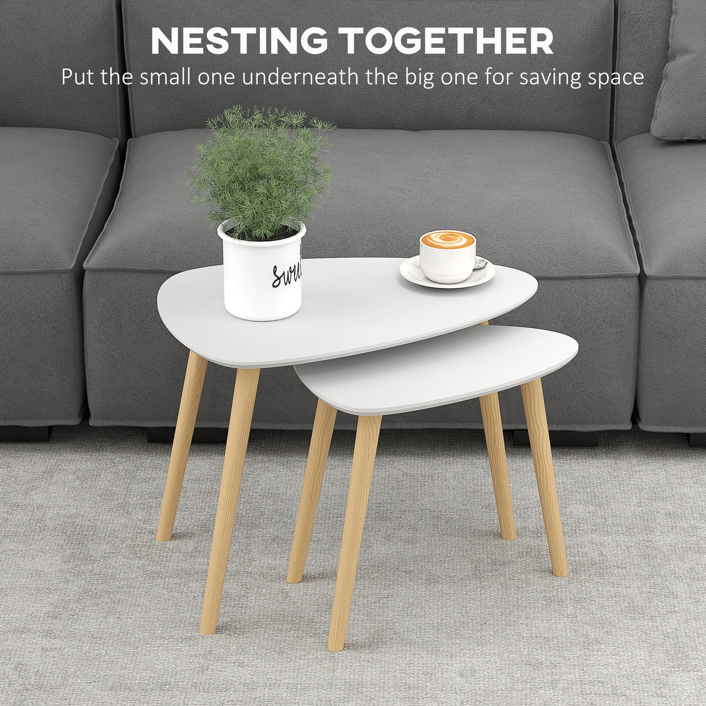 Nesting Coffee Table, Set of 2 Side Tables, Stacking End Tables with Solid Wood Legs, for Living Room Bedroom, Light Grey-3
