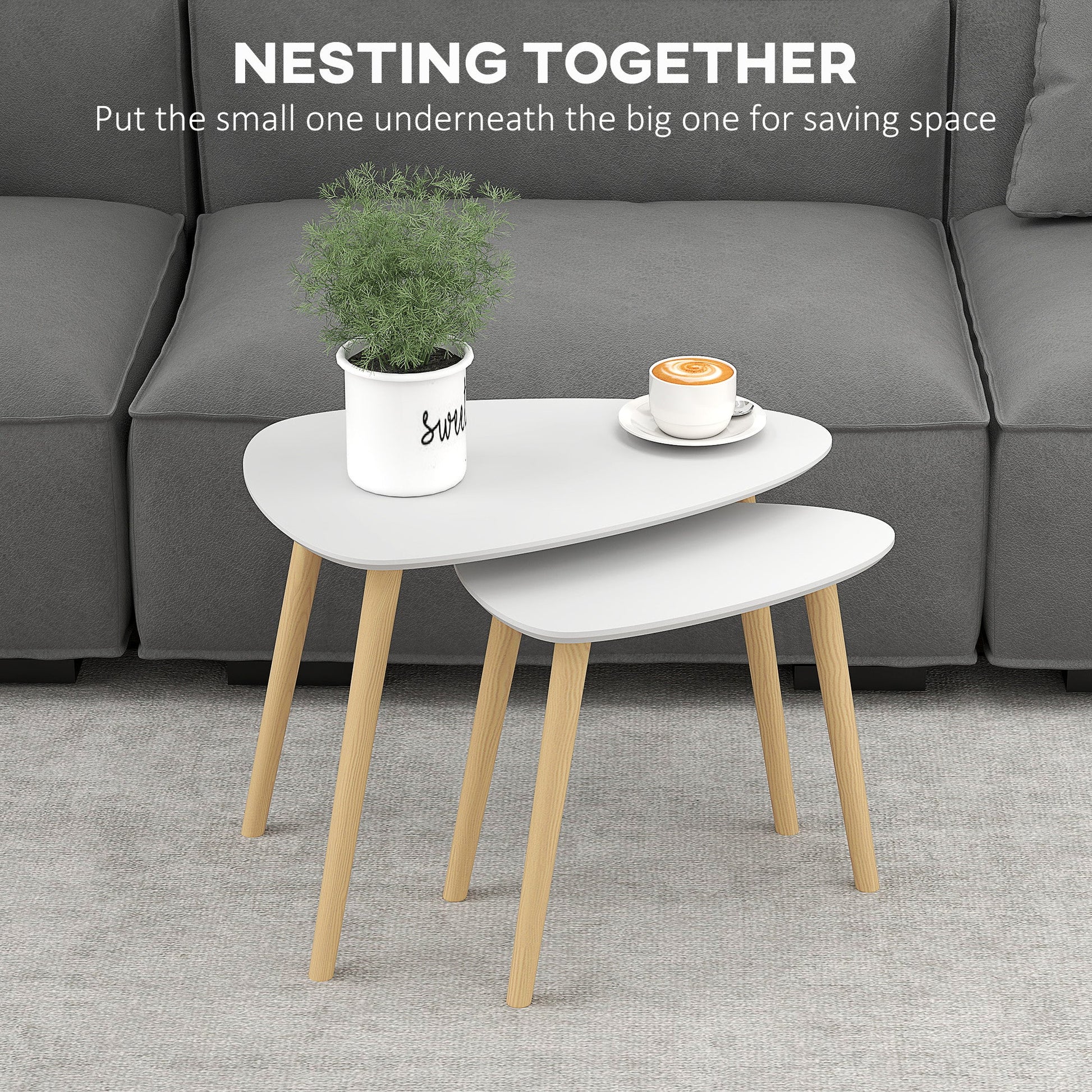 Nesting Coffee Table, Set of 2 Side Tables, Stacking End Tables with Solid Wood Legs, for Living Room Bedroom, Light Grey-3
